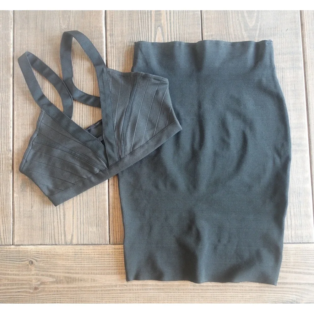 Y2K Womens Skirt Crop Top Set Medium Black‎ Bandage Bra Clubwear Party Going Out